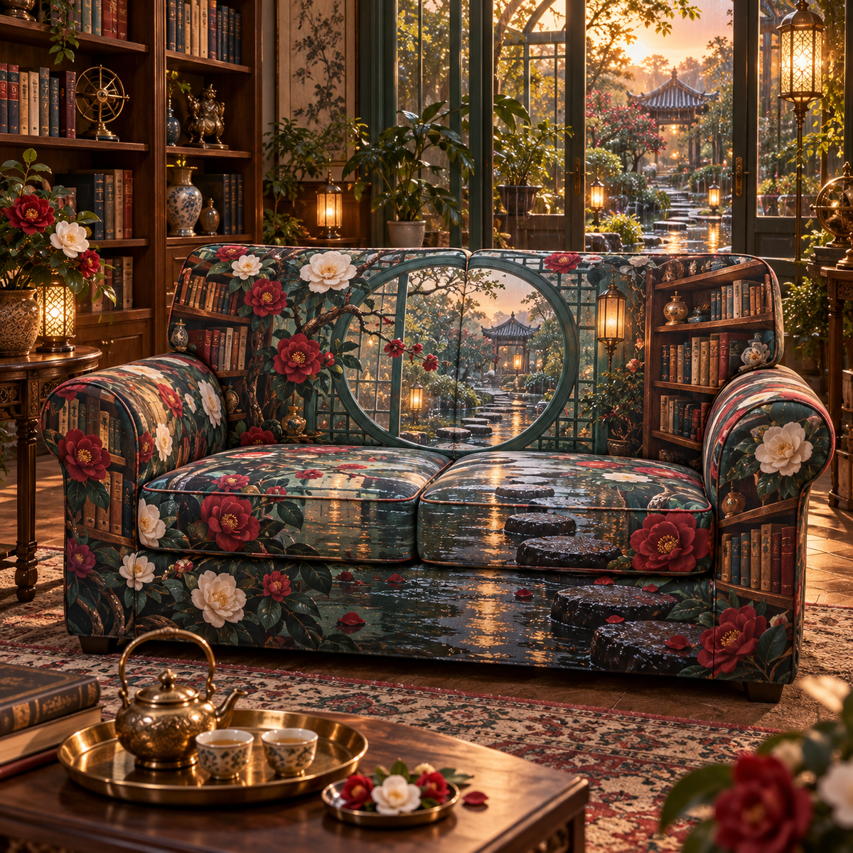 One sofa cover with an original Camellia Moonwindow Reading Conservatory, tea garden, books and rainlit depth.