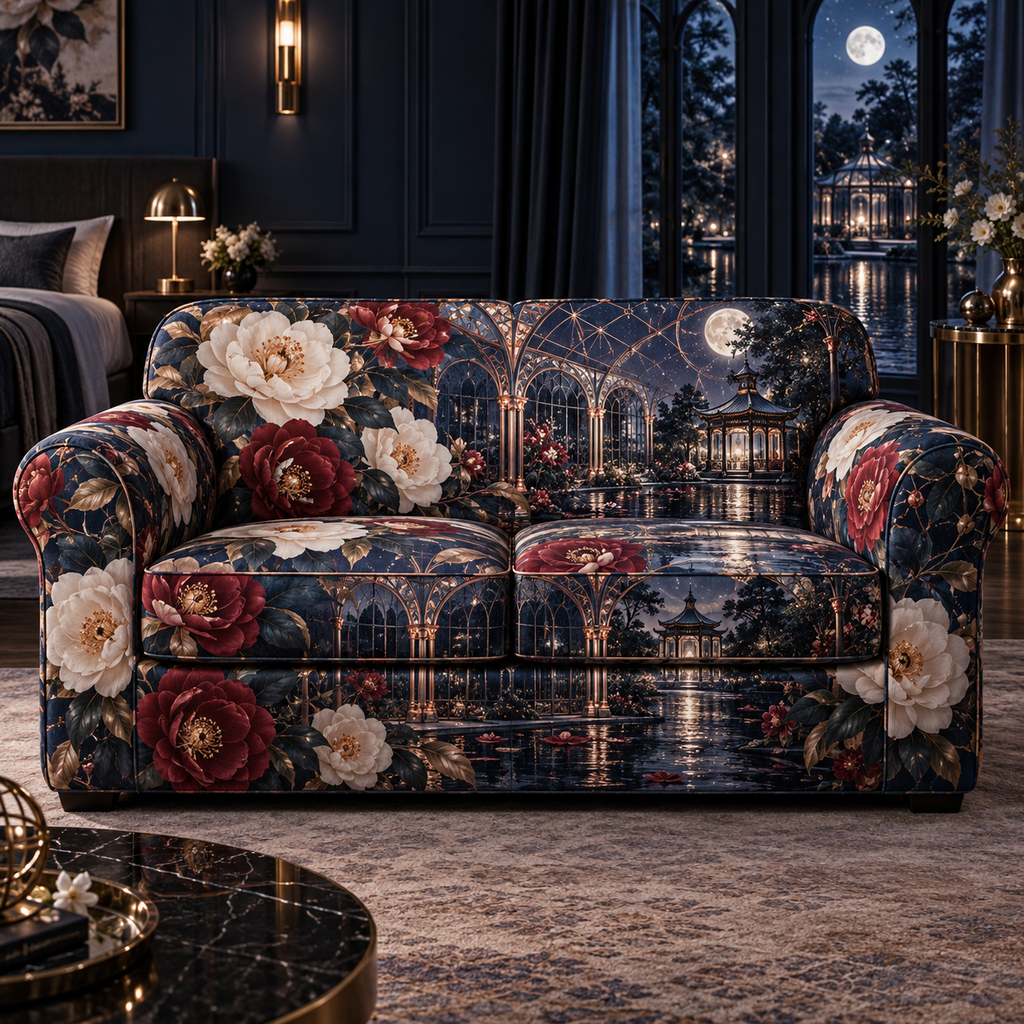One sofa cover with an original Camellia Nocturne Glasshouse, monumental flowers, rose-gold arches and moonlit reflecting depth.