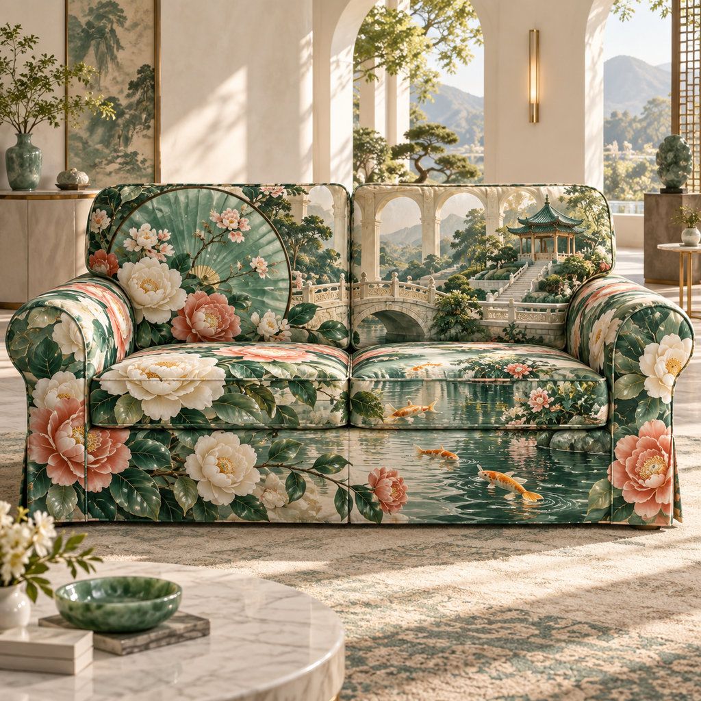 One sofa cover with an original Camellia Jade Cascade Salon, monumental flowers, jade fan screens and luminous garden depth.
