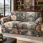 One sofa cover with an original Camellia Scholar Window Atrium, monumental flowers, ink-indigo windows and luminous garden depth.