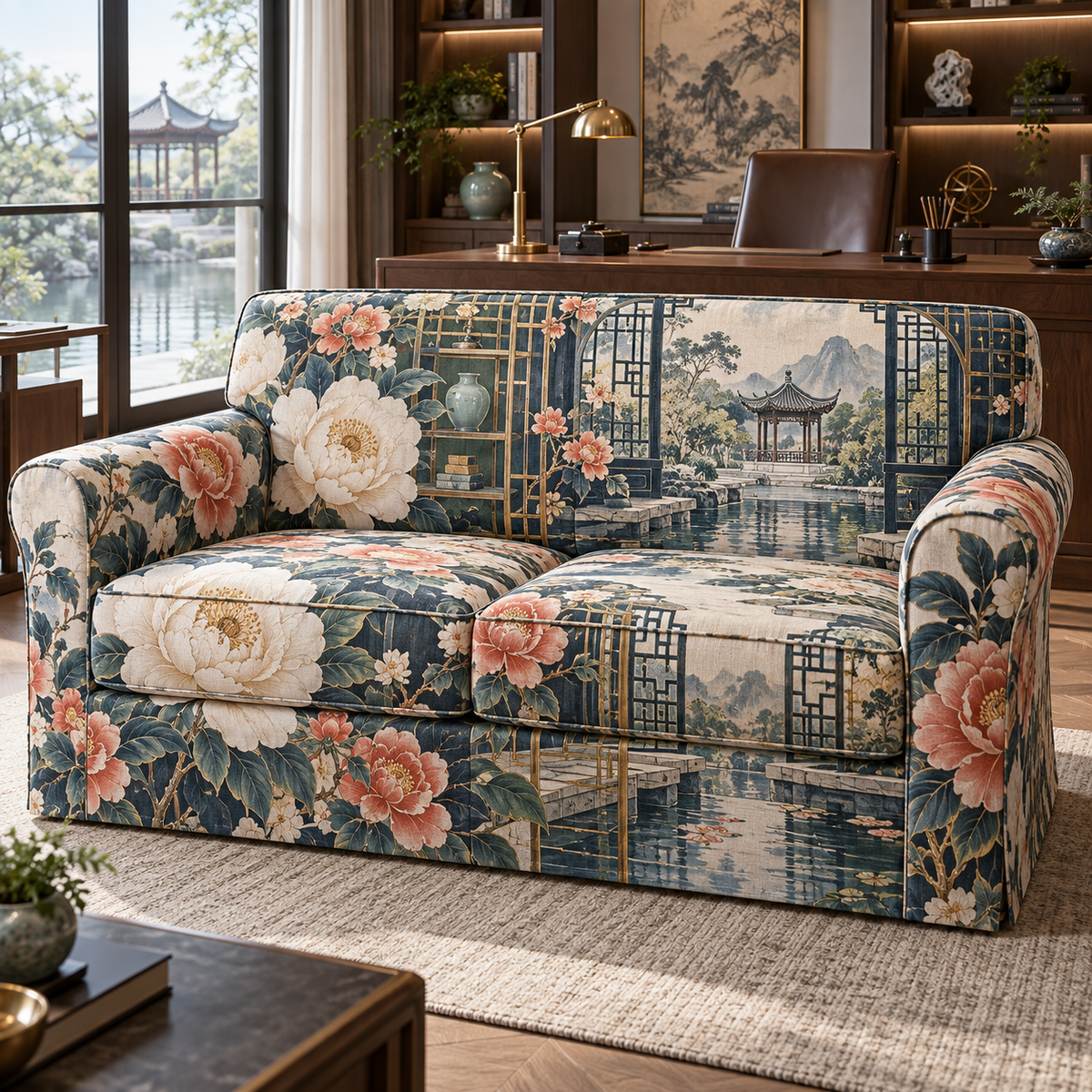 One sofa cover with an original Camellia Scholar Window Atrium, monumental flowers, ink-indigo windows and luminous garden depth.