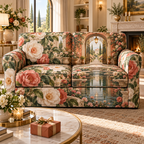 One sofa cover with an original Camellia Hearthgate Welcome Garden, monumental flowers, key arches and luminous new-home depth.
