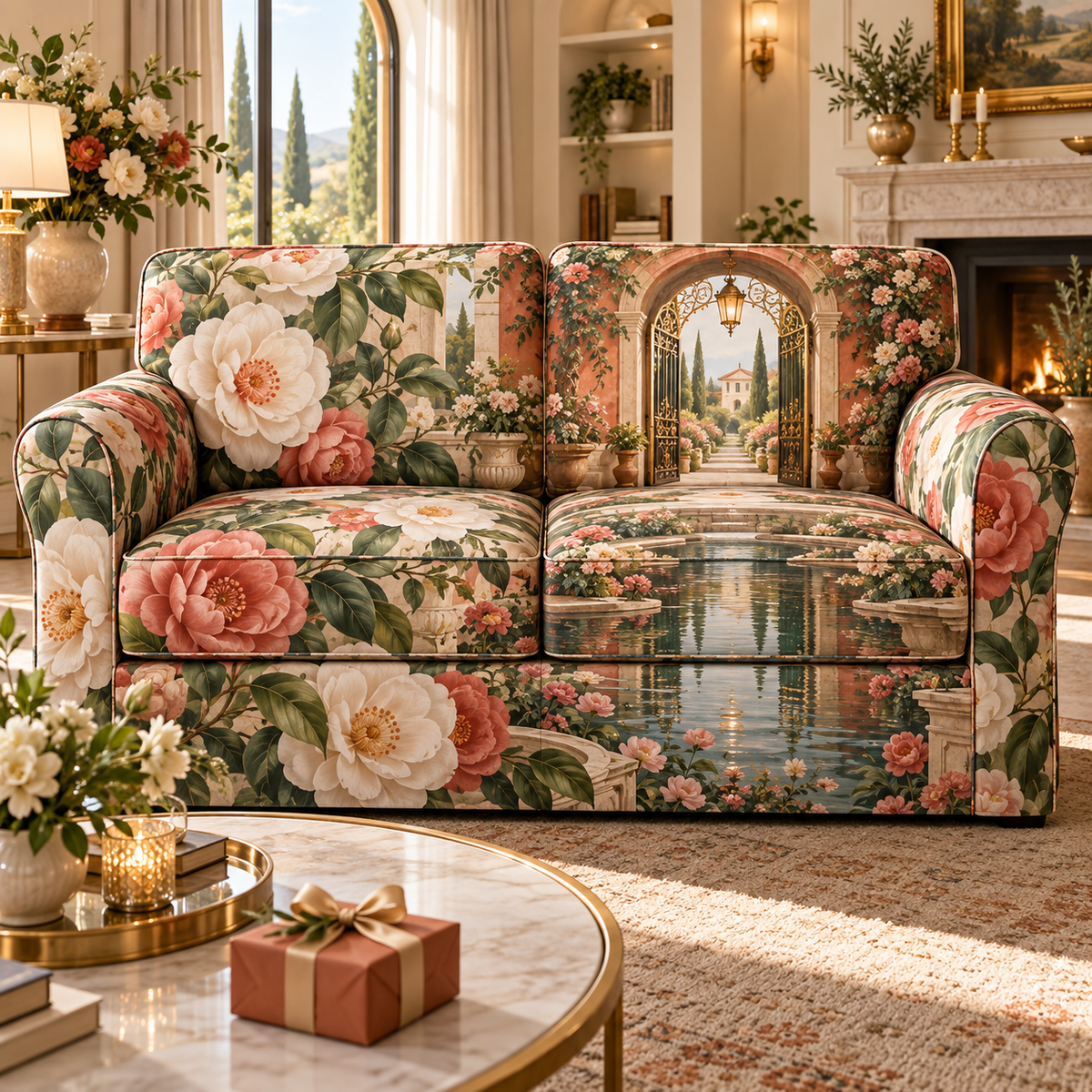One sofa cover with an original Camellia Hearthgate Welcome Garden, monumental flowers, key arches and luminous new-home depth.