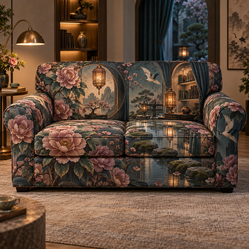 One sofa cover with an original Camellia Whispering Lantern Nook, layered tea alcove, camellias and luminous quiet-corner depth.