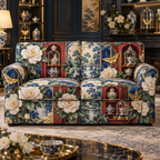 One sofa cover with an original Camellia Porcelain Cabinet Jubilee, rare tea vessels, glass domes and luminous collector-garden depth.