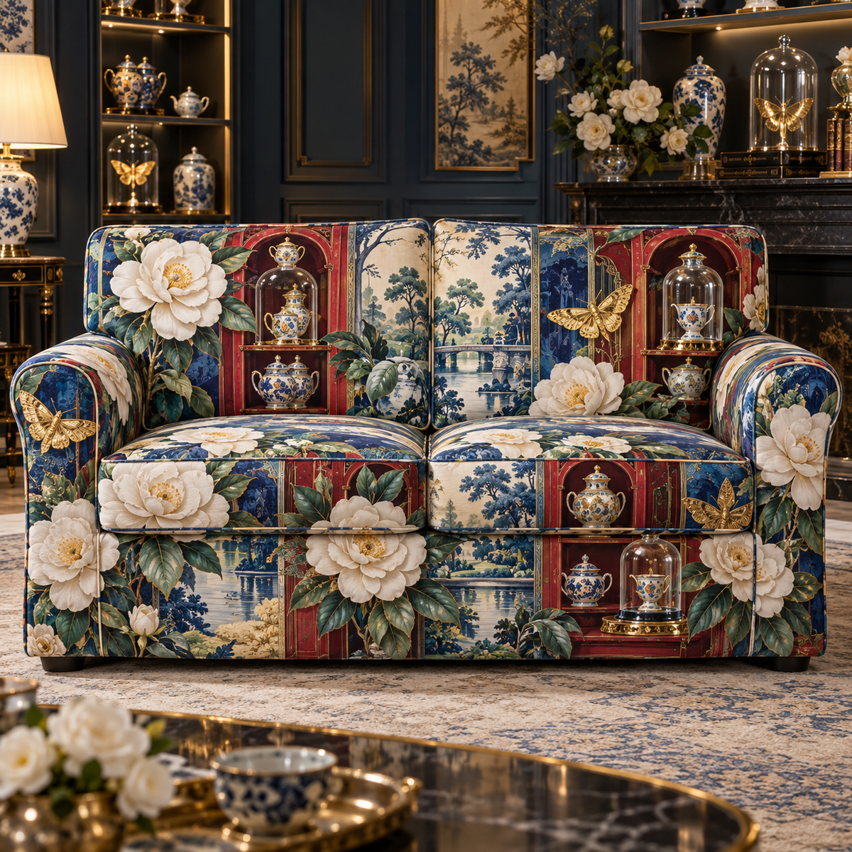 One sofa cover with an original Camellia Porcelain Cabinet Jubilee, rare tea vessels, glass domes and luminous collector-garden depth.