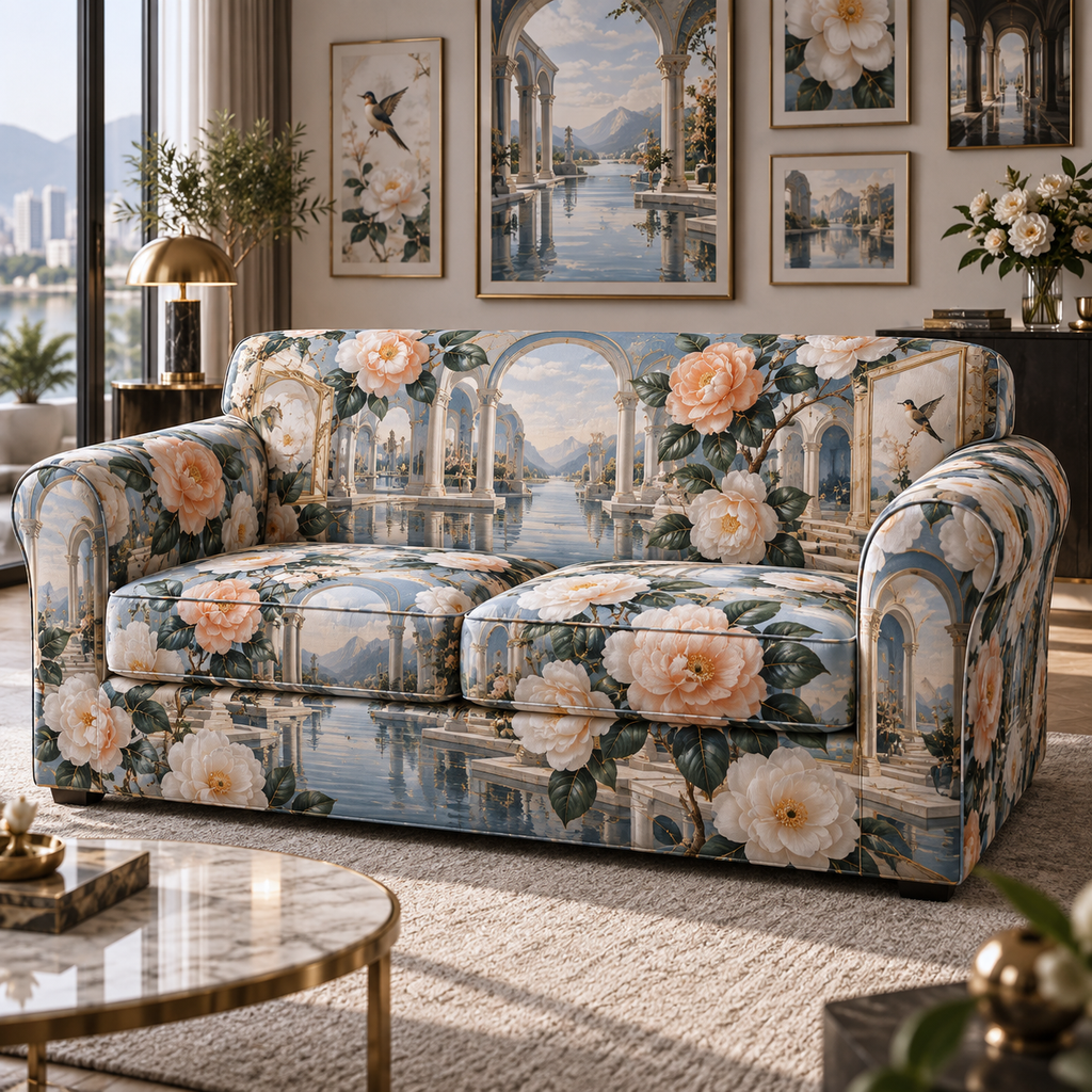 One sofa cover with an original Camellia Floating Gallery Arcade, floating frames, bird panels and luminous apartment depth.