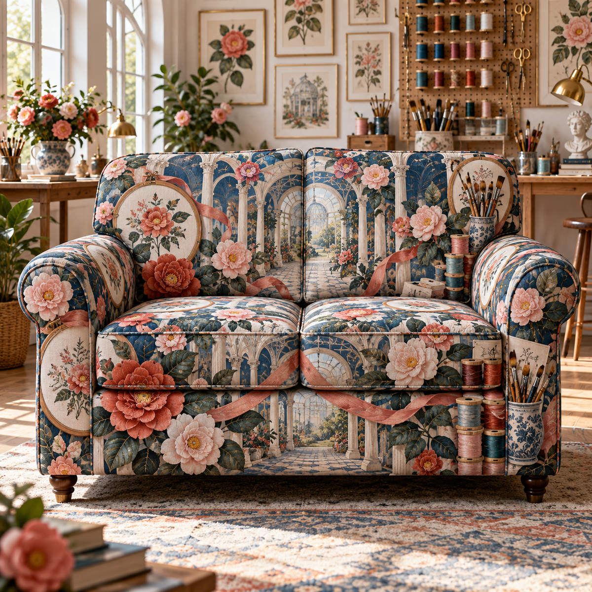 One sofa cover with an original Camellia Maker Atelier Atrium, maker tools, camellias and luminous studio depth.