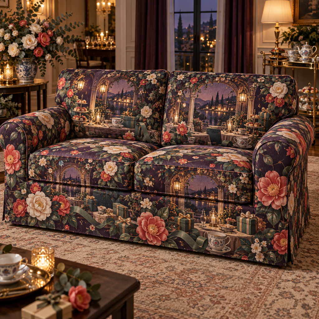 One sofa cover with an original Camellia Gracious Supper Pavilion, candlelit tea terraces, gifts and deep garden perspective.