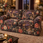 One sofa cover with an original Camellia Gracious Supper Pavilion, candlelit tea terraces, gifts and deep garden perspective.