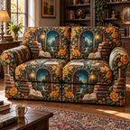 One sofa cover with an original Marigold Lanternleaf Library, open-book portals, spiral stacks and deep reading-nook perspective.