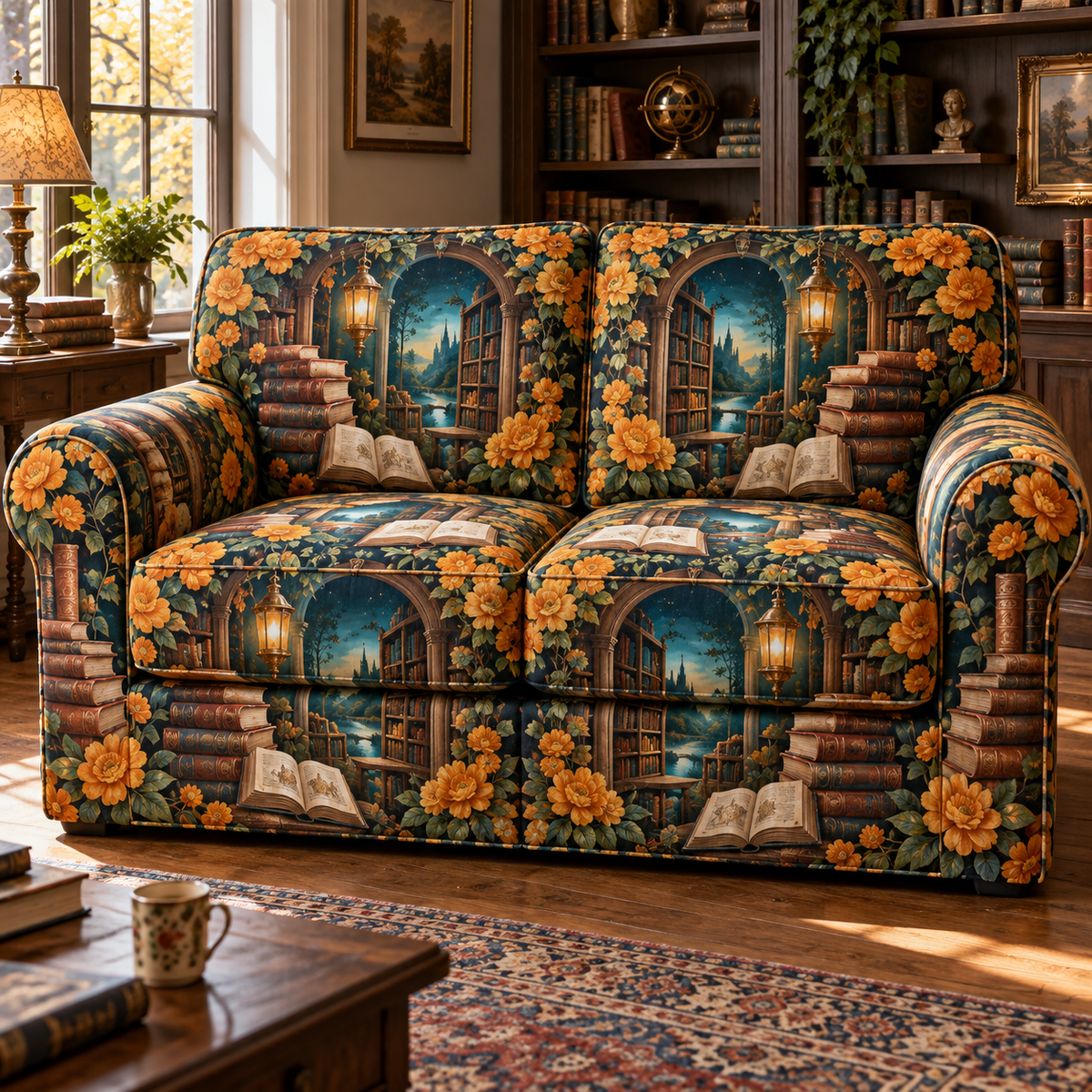 One sofa cover with an original Marigold Lanternleaf Library, open-book portals, spiral stacks and deep reading-nook perspective.