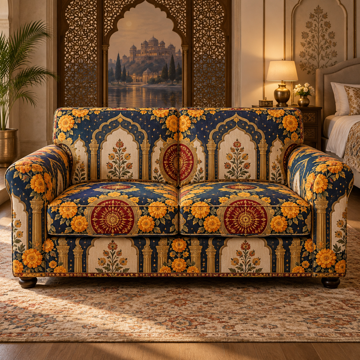 One sofa cover with an original Marigold Sunvault Canopy, sunburst medallions, mirrored niches and deep balcony perspective.