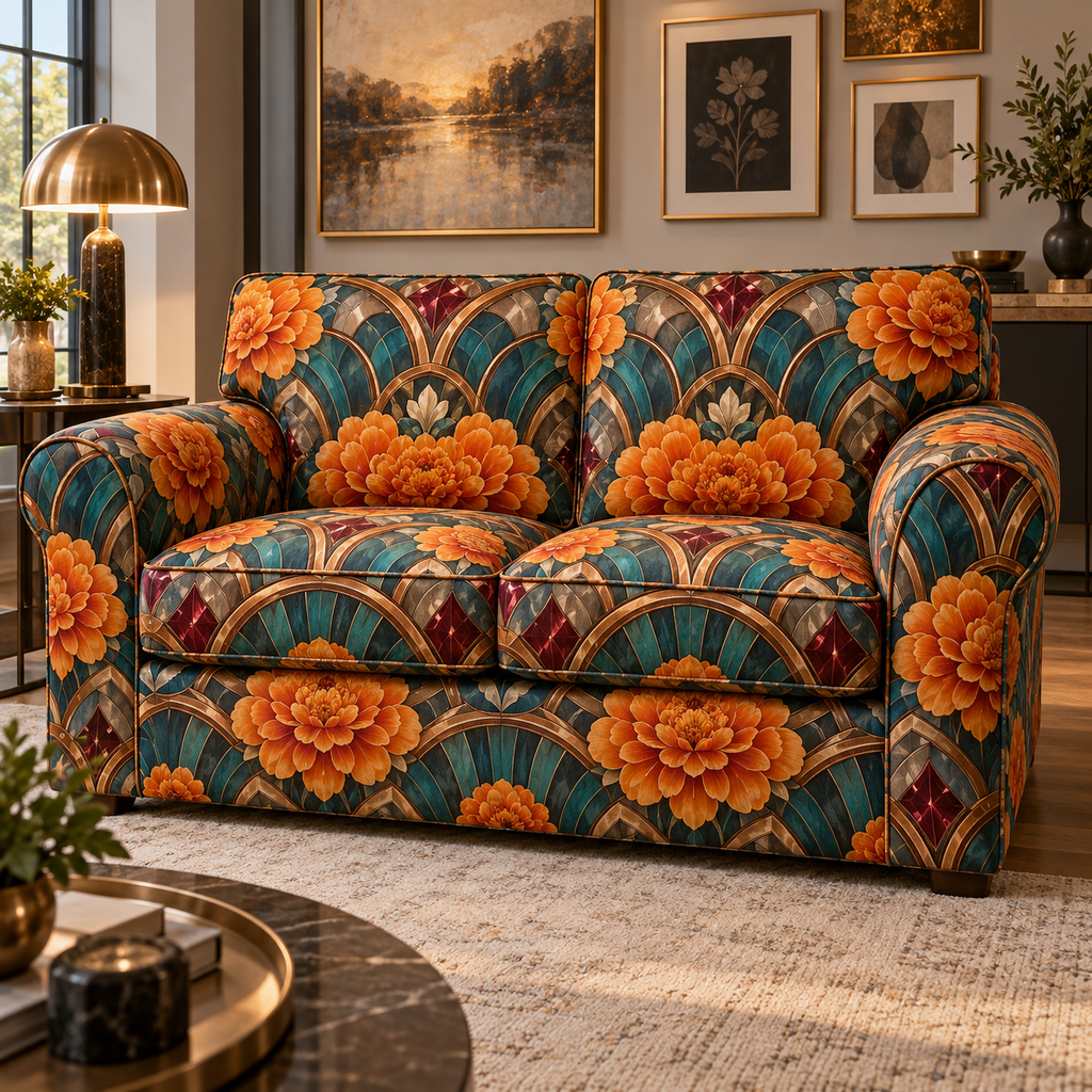 One sofa cover with an original Marigold Prism Salon, jewel arches, brass rings and deep conversation-terrace perspective.