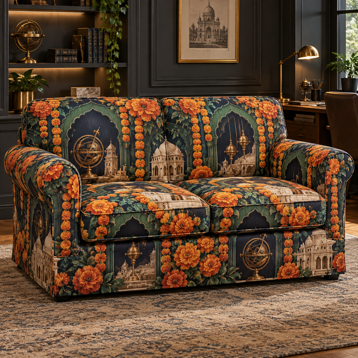 One sofa cover with an original Marigold Meridian Studio, brass orreries, architectural models and deep conservatory perspective.