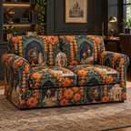 One sofa cover with an original Marigold Meridian Studio, brass orreries, architectural models and deep conservatory perspective.