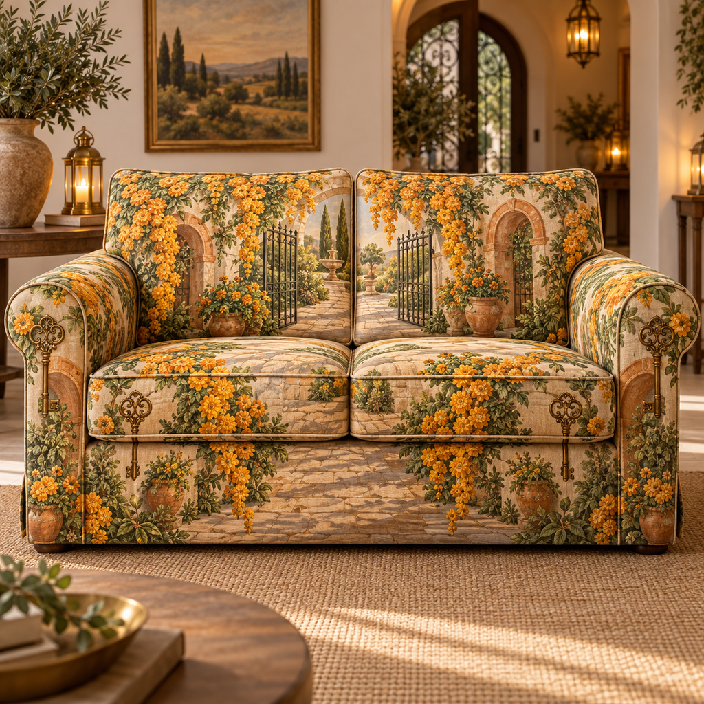 One sofa cover with an original Marigold Hearthkey Courtyard, marigold garlands, garden gates and lantern-lit depth.