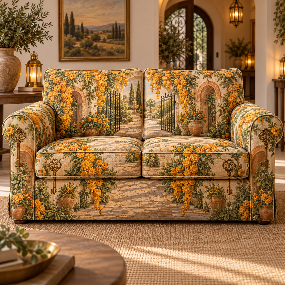 One sofa cover with an original Marigold Hearthkey Courtyard, marigold garlands, garden gates and lantern-lit depth.