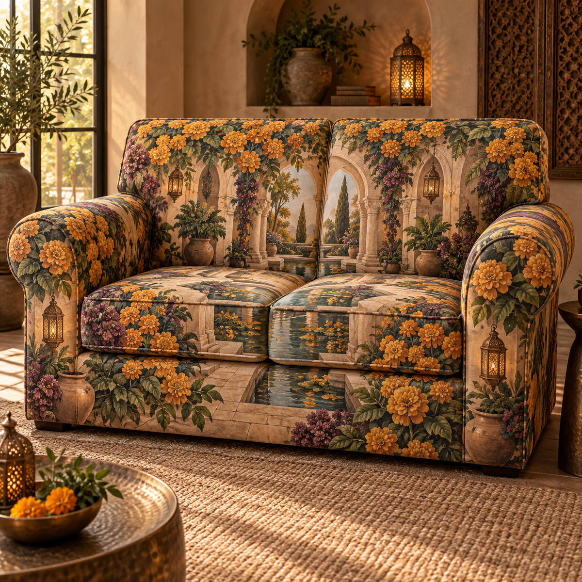 One sofa cover with an original Marigold Hushlight Alcove, bronze lanterns, reflecting pools and twilight-garden depth.