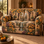 One sofa cover with an original Marigold Hushlight Alcove, bronze lanterns, reflecting pools and twilight-garden depth.