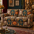 One sofa cover with an original Marigold Gilded Curio Jubilee, bell jars, brass astrolabes and jewel-lit gallery depth.