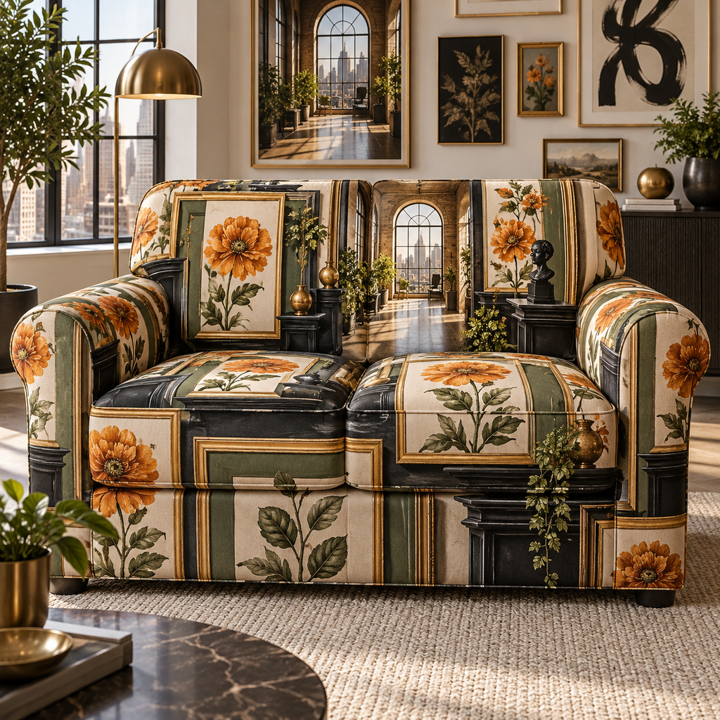 One sofa cover with an original Marigold Velvet Frame Loft, botanical salon frames and sunlit apartment-gallery depth.