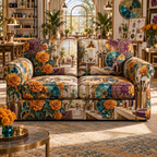 One sofa cover with an original Marigold Prismcraft Atelier, maker tools and luminous studio depth.