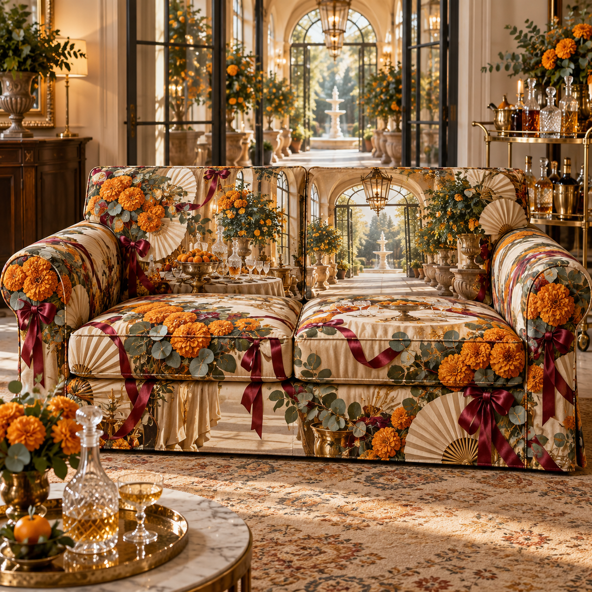 One sofa cover with an original Marigold Ribboned Supper Pavilion, host tablescape and glowing orangerie depth.