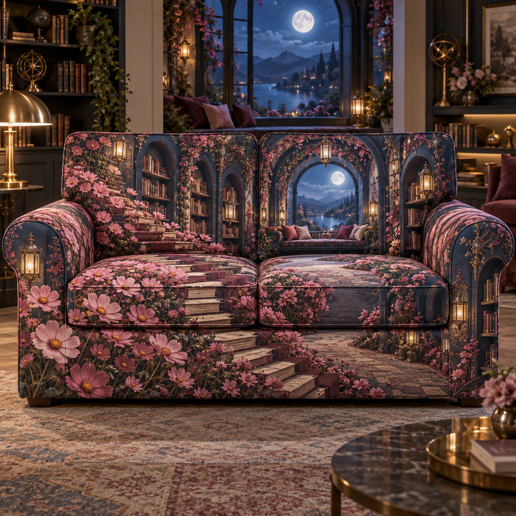 One sofa cover with an original Cosmos Starleaf Reading Arcade, moonlit bookshelves and layered floral depth.