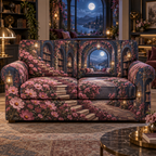 One sofa cover with an original Cosmos Starleaf Reading Arcade, moonlit bookshelves and layered floral depth.