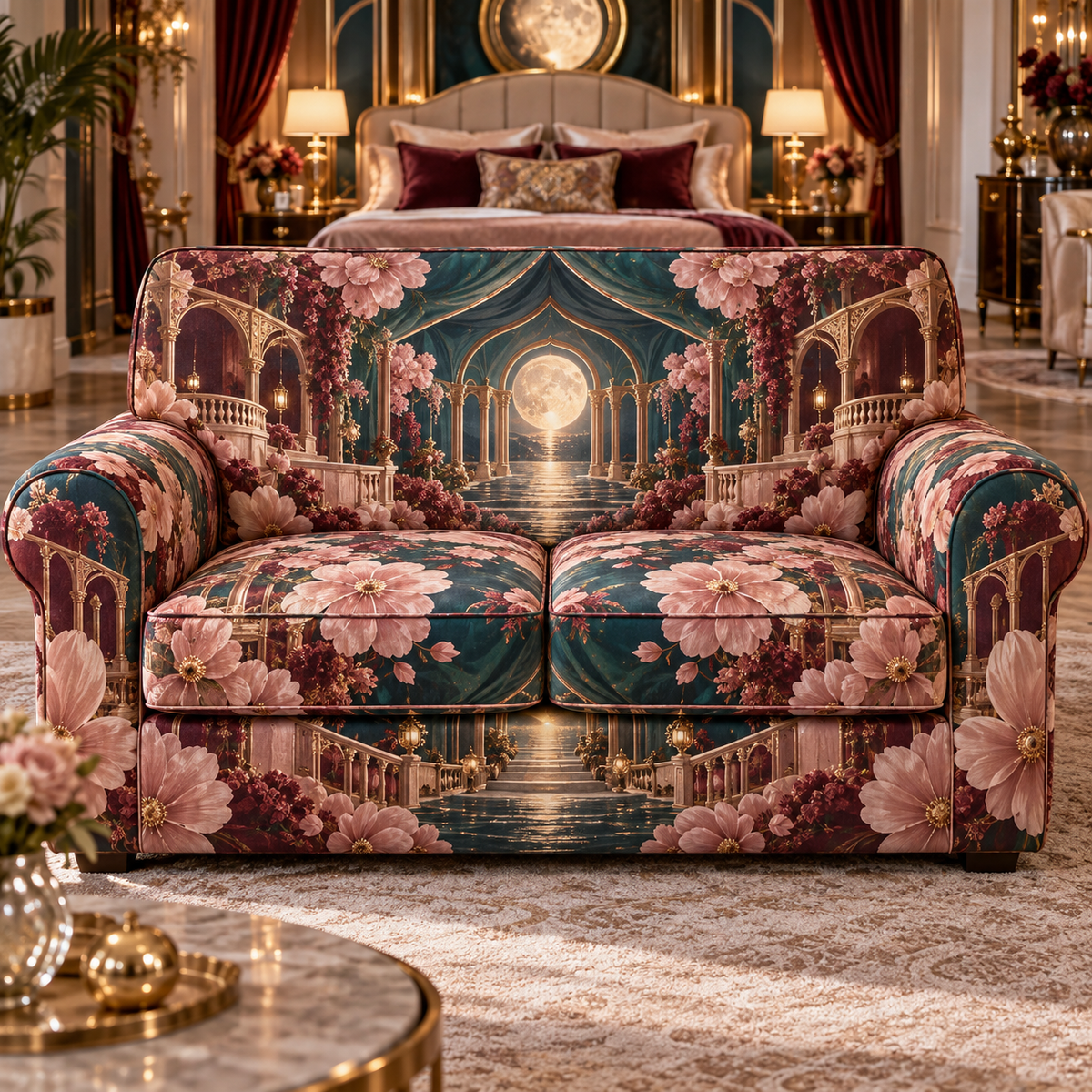 One sofa cover with an original Cosmos Gilded Mooncanopy Salon, layered flowers and luminous architectural depth.