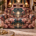 One sofa cover with an original Cosmos Gilded Mooncanopy Salon, layered flowers and luminous architectural depth.
