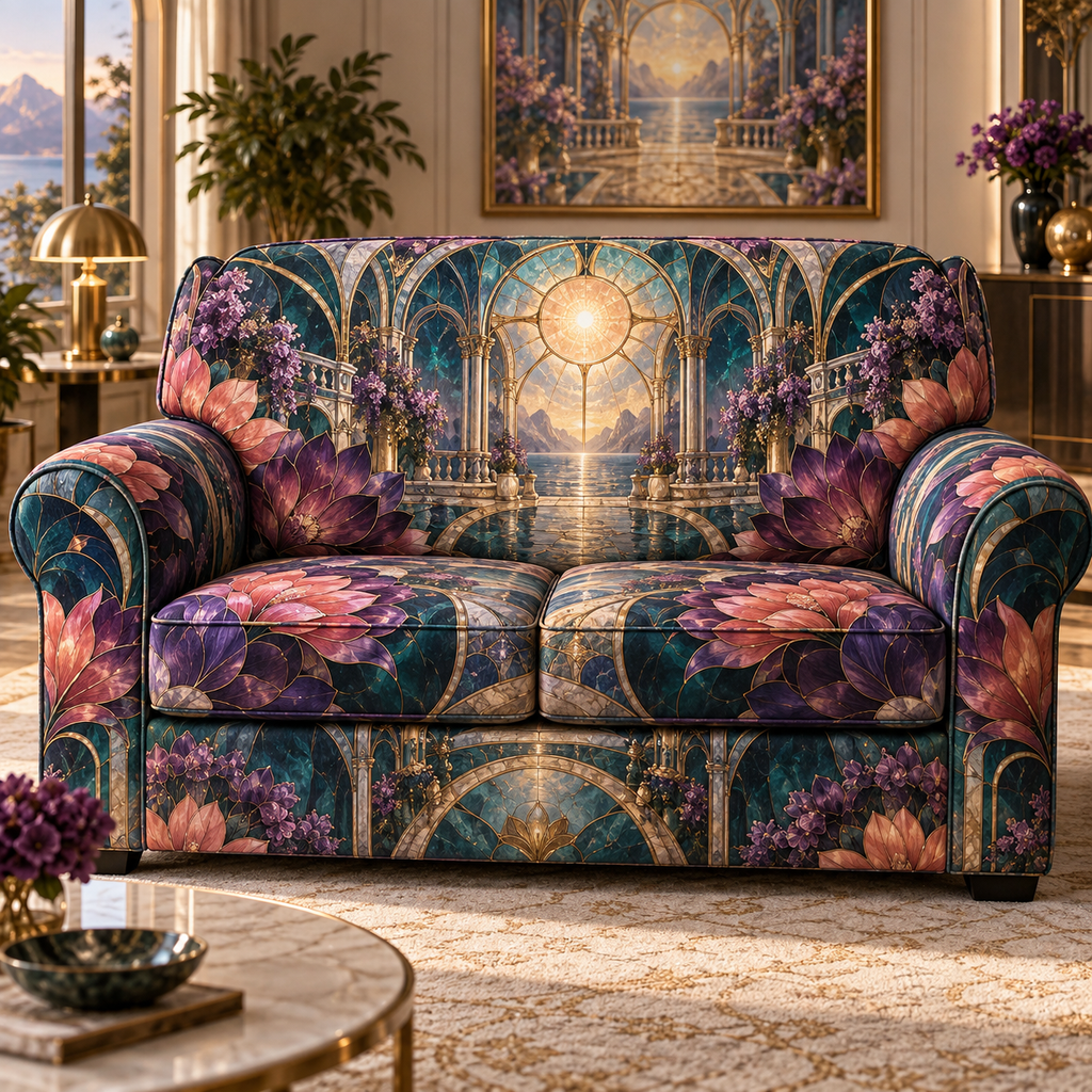 One sofa cover with an original Cosmos Prismglass Grand Salon, layered flowers and luminous architectural depth.