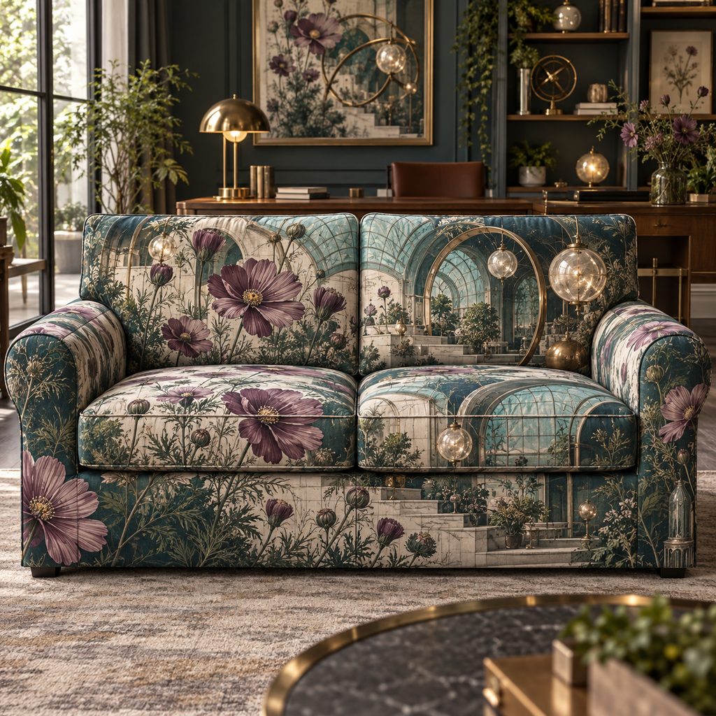 One sofa cover with an original Cosmos Lenslight Workroom, layered flowers and luminous botanical-studio depth.