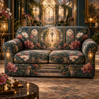 One sofa cover with an original Cosmos Hearthkey Conservatory, layered flowers and luminous botanical-studio depth.
