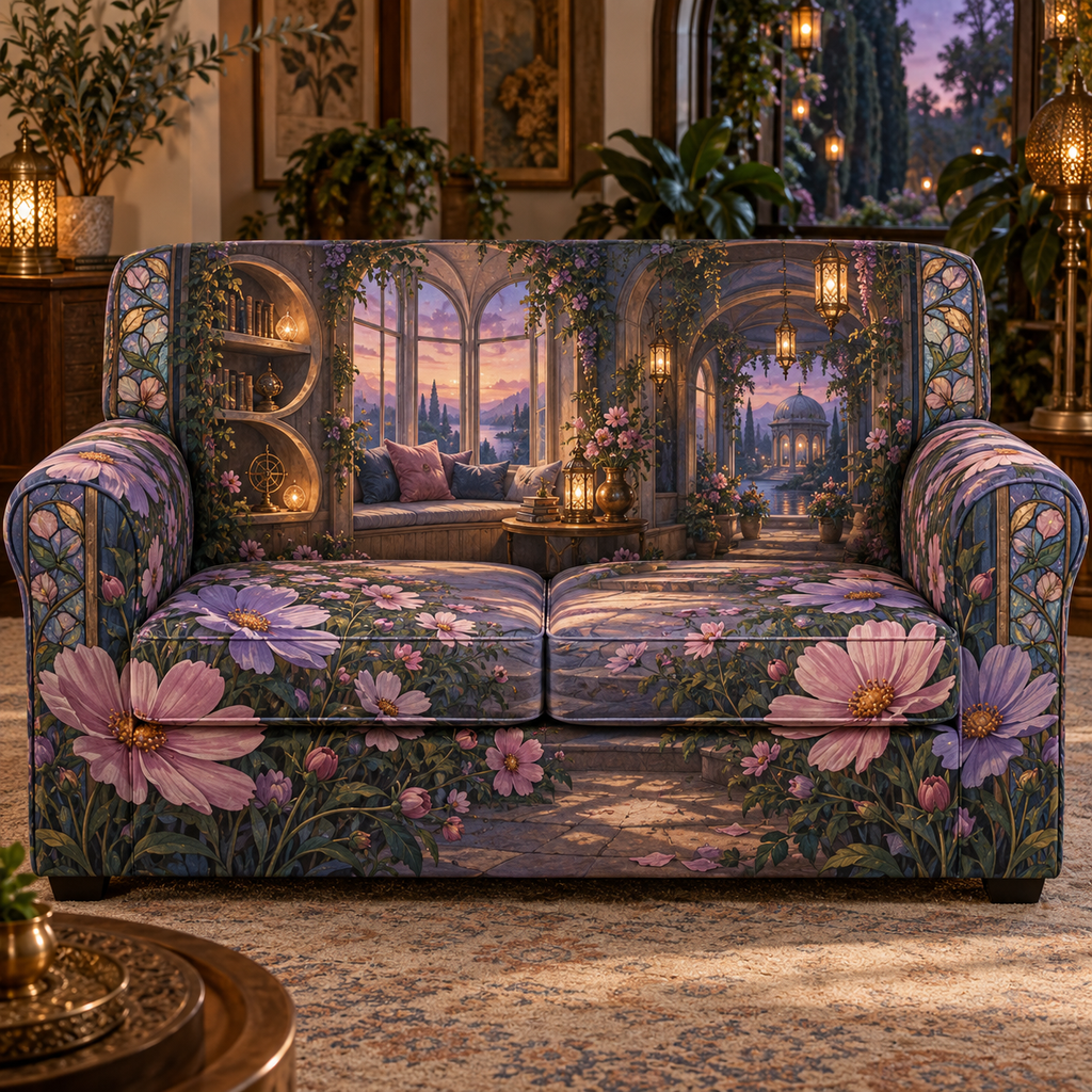 One sofa cover with an original Cosmos Sunhush Window Nook, layered flowers and luminous botanical-studio depth.
