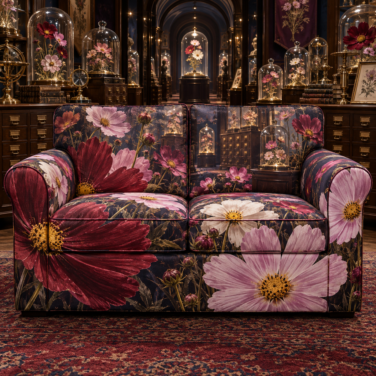 One sofa cover with an original Cosmos Curator Birthday Reliquary, specimen flowers and luminous collector-gallery depth.