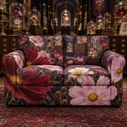 One sofa cover with an original Cosmos Curator Birthday Reliquary, specimen flowers and luminous collector-gallery depth.