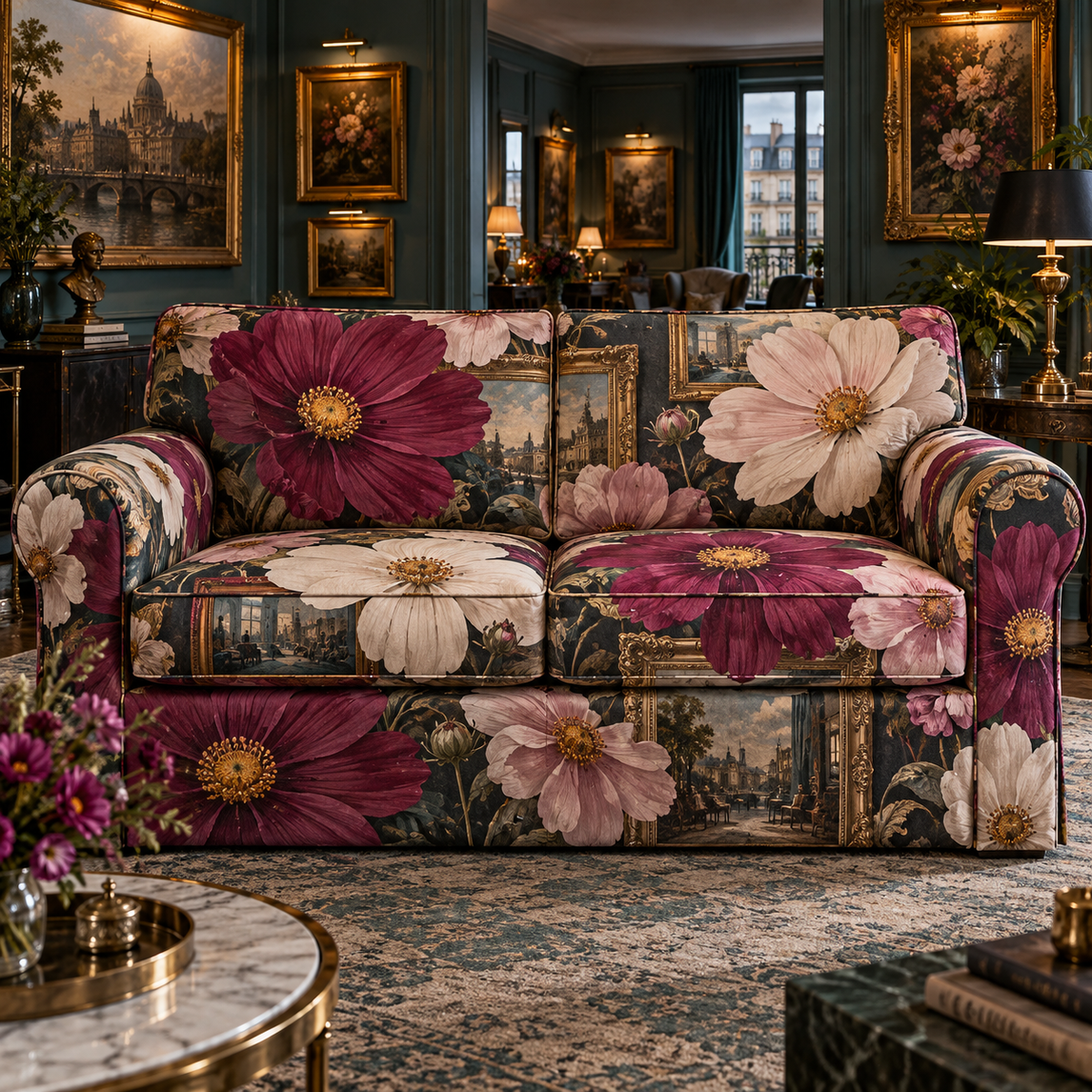 One sofa cover with an original Cosmos Floating Salon Gallery, specimen flowers and luminous collector-gallery depth.
