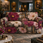 One sofa cover with an original Cosmos Floating Salon Gallery, specimen flowers and luminous collector-gallery depth.