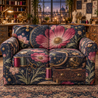 One sofa cover with an original Cosmos Threadlight Maker Atelier, specimen flowers and luminous collector-gallery depth.