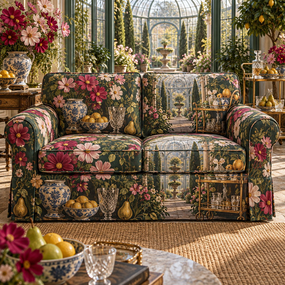 One sofa cover with an original Cosmos Welcome Table Gratitude Conservatory and luminous hospitality depth.