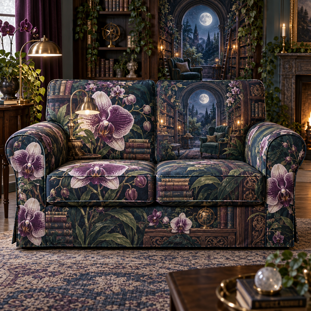 One sofa cover with an original Orchid Moonlamp Bibliotheca Nook and deep literary moonlight.