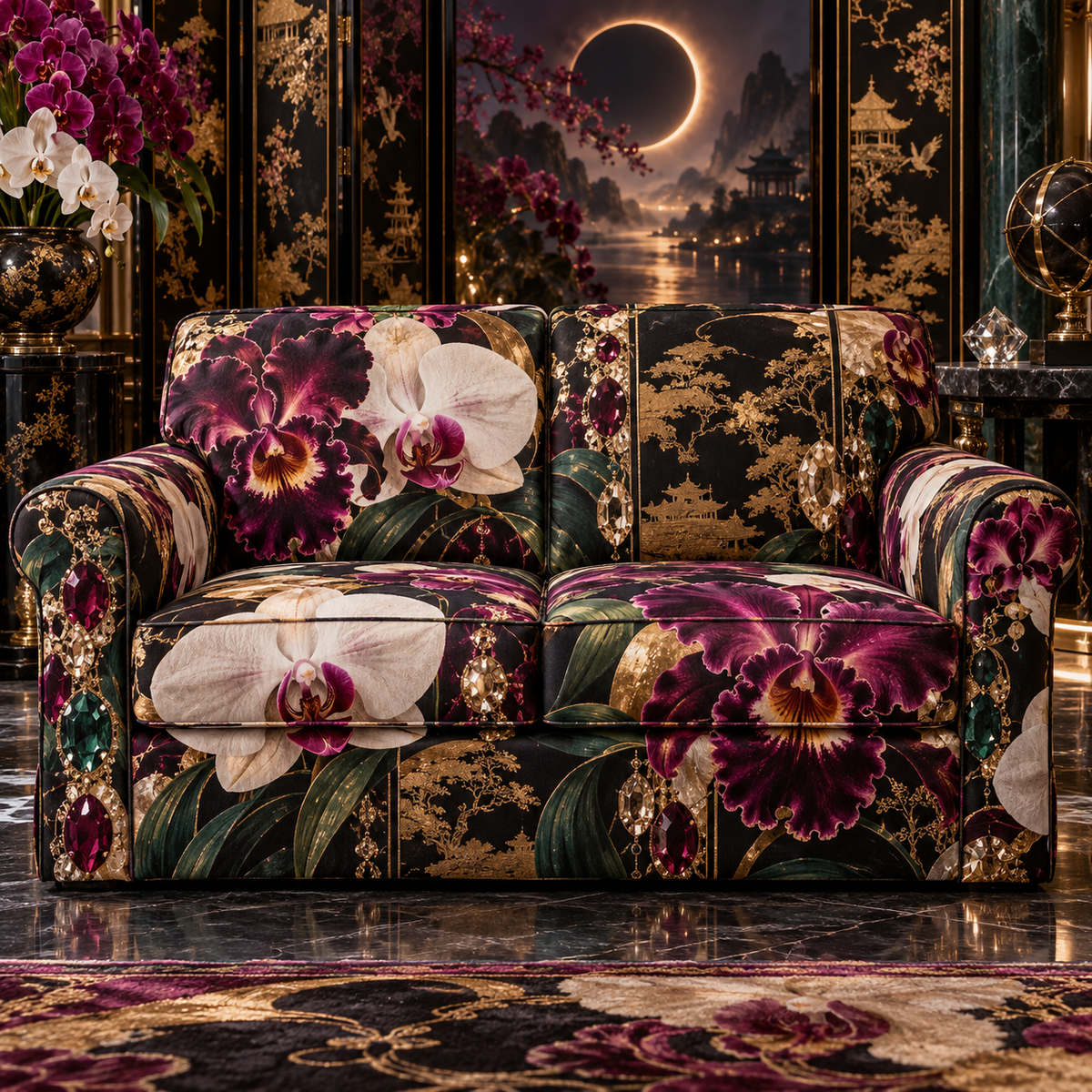 One sofa cover with an original Orchid Gilded Eclipse Boudoir and monumental jewel depth.