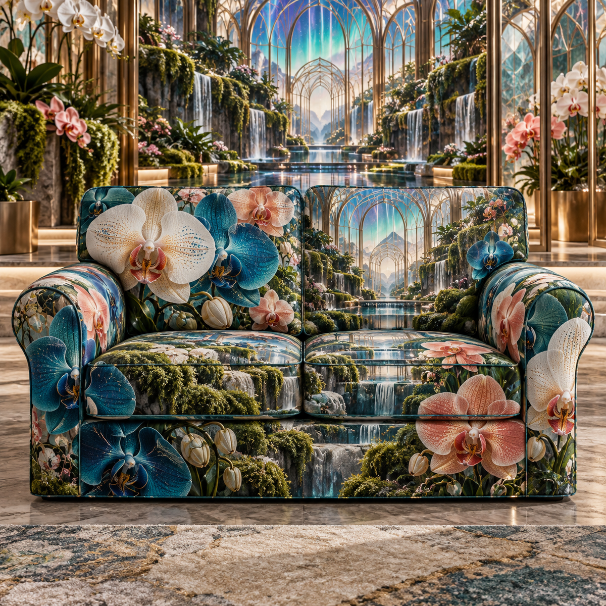 One sofa cover with an original Orchid Auroraglass Atrium Salon and monumental jewel depth.