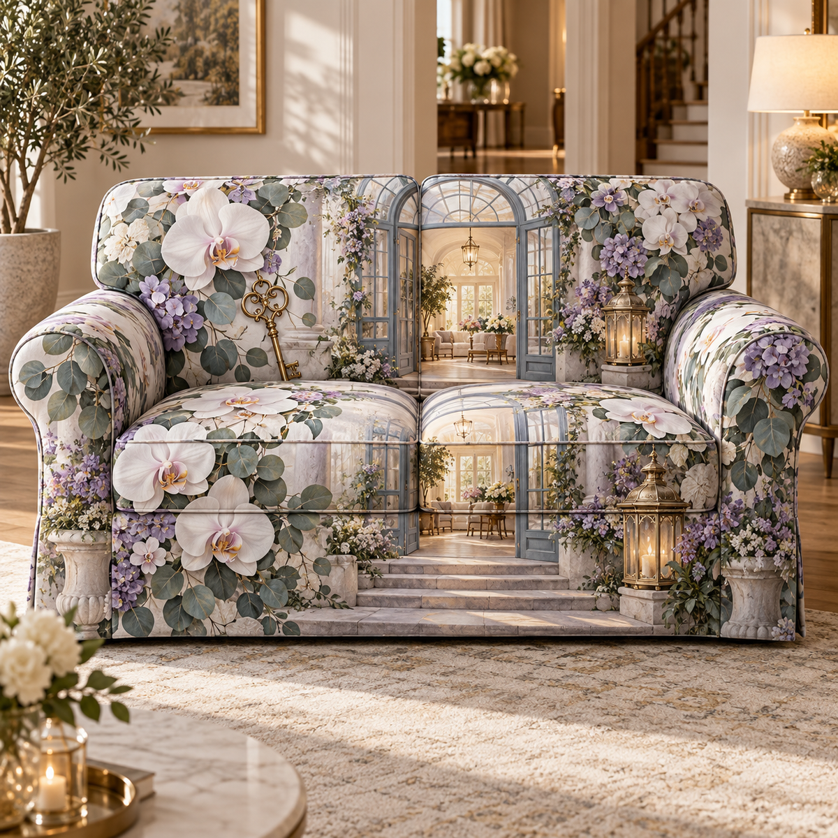 One sofa cover with an original Orchid Welcomeglass Atrium, layered flowers and luminous new-home depth.