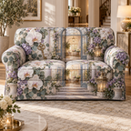 One sofa cover with an original Orchid Welcomeglass Atrium, layered flowers and luminous new-home depth.