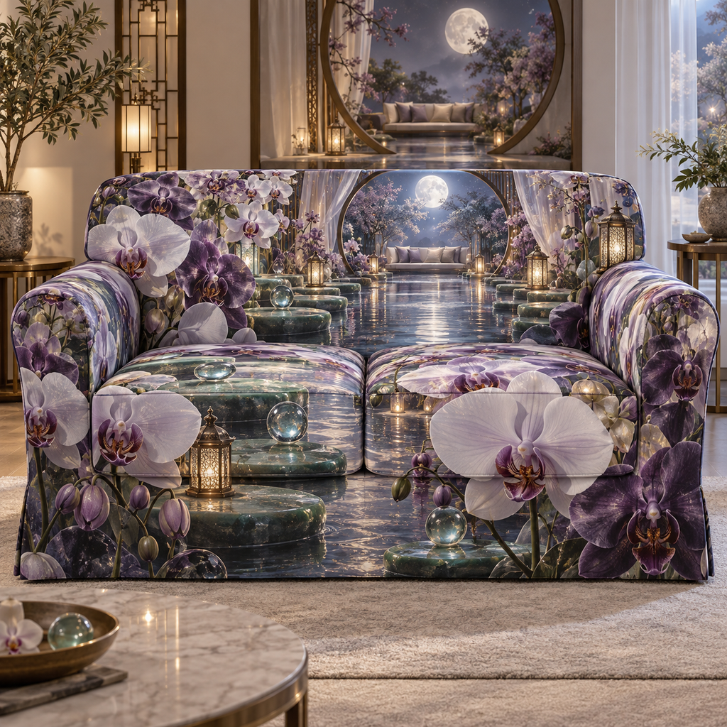 One sofa cover with an original Orchid Stillwater Moonlit Alcove and serene optical depth.