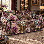 One sofa cover with an original Orchid Curator Crystal Cabinet and deep collector-gallery illusion.
