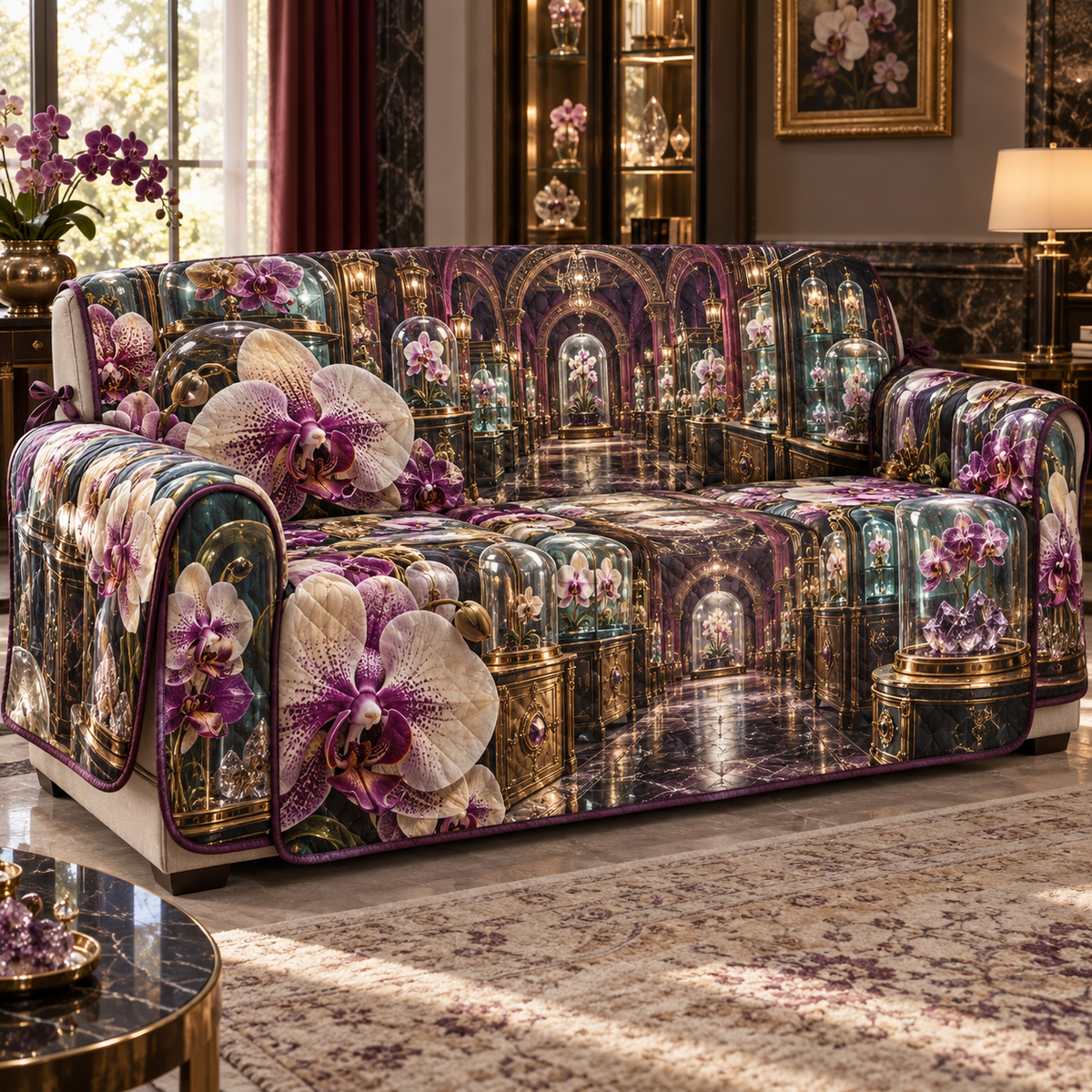 One sofa cover with an original Orchid Curator Crystal Cabinet and deep collector-gallery illusion.